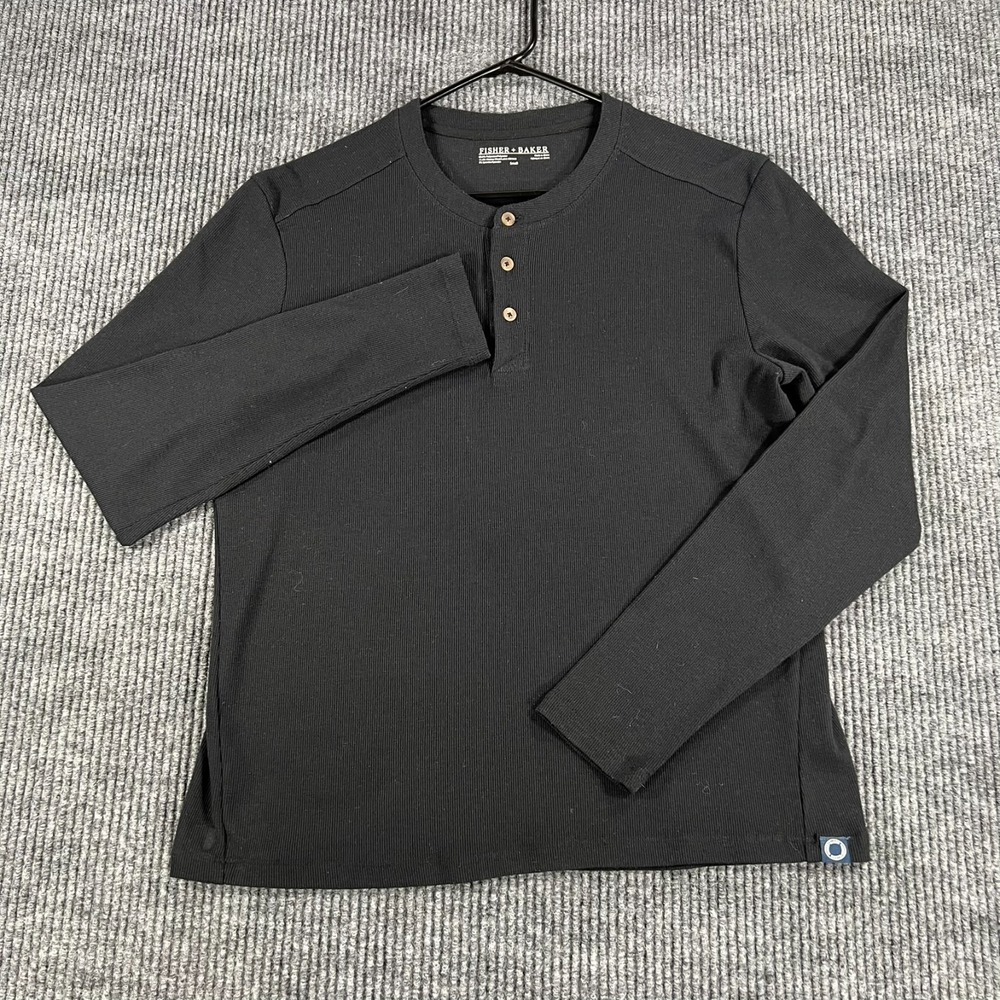 Fisher + Baker Thermal Henley Shirt Mens Small Black Long Sleeve Wool Blend
